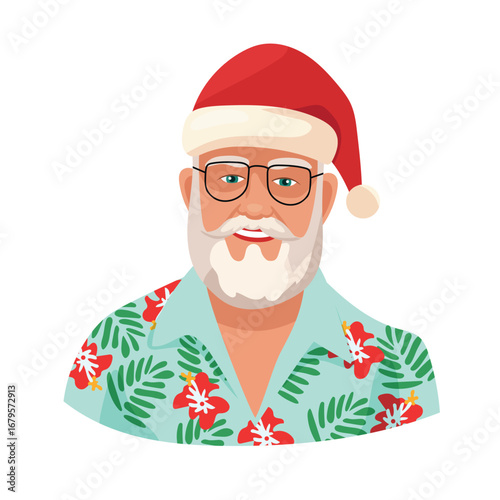 Santa Claus Hawaiian shirt, Hawaiian Christmas. Flat vector clipart, illustration with isolated background.