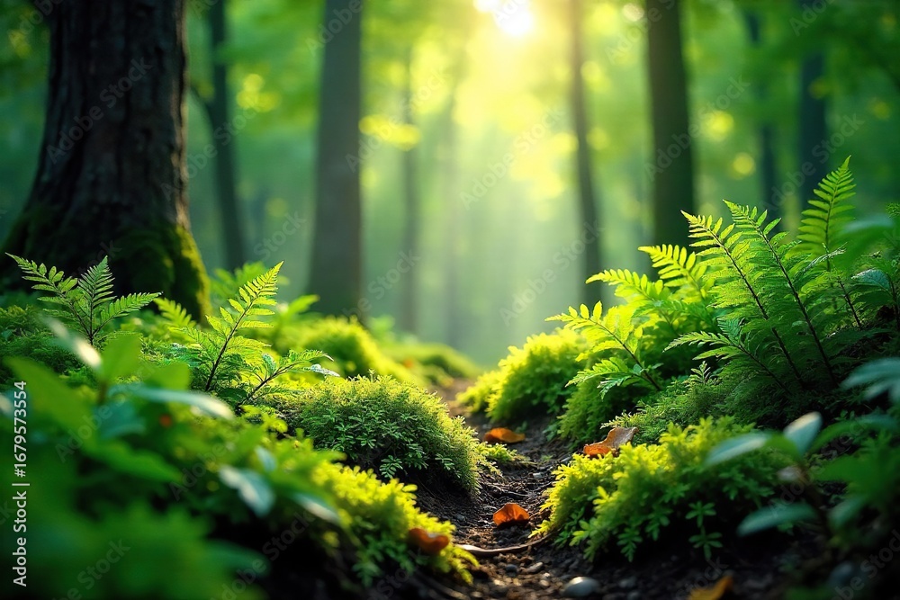 Naklejka premium Lush green forest scene, sunlight dappling through leaves onto vibrant moss and ferns Perfect for nature, eco, and environmental themes Tranquil and serene imagery , vibrant, lush