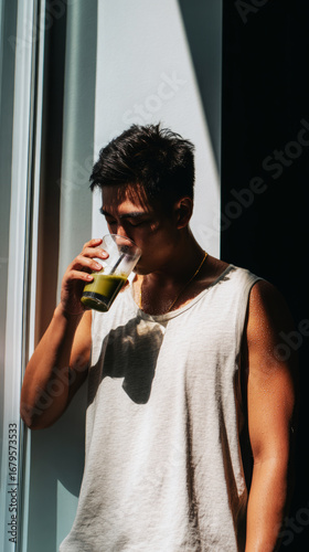 After completing a workout session at the gym, an Asian man savors a chilled matcha drink while standing in a sunlit spot, highlighting his refreshment and relaxation