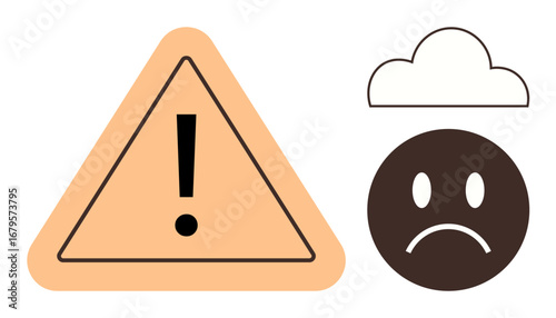 Triangular caution sign with exclamation mark alongside a sad face under a small cloud. Ideal for safety, caution, warning, stress, depression, sorrow, negativity, simple flat metaphor