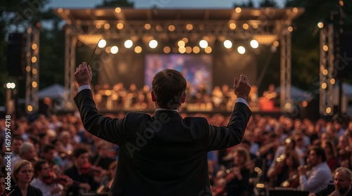 Conductor leading orchestra during outdoor performance at night Music Day