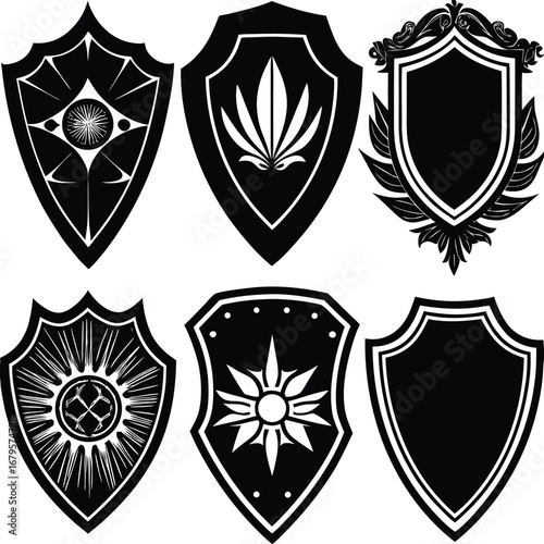 Collection of vintage shield silhouettes for heraldry emblems and decorative designs