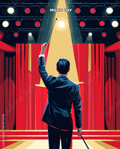Music conductor raising baton on illuminated stage with red curtains Music Day