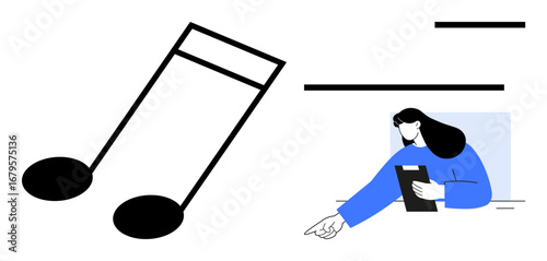 Black music note, woman holding tablet, pointing outward. Ideal for music education, content creation, creativity, online classes, teaching tools, digital service simple landing page