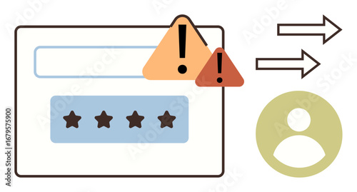 Warning signs near password input box with user profile icon and arrows symbolizing data flow. Ideal for security, privacy, login systems, identity verification, authentication, risk management