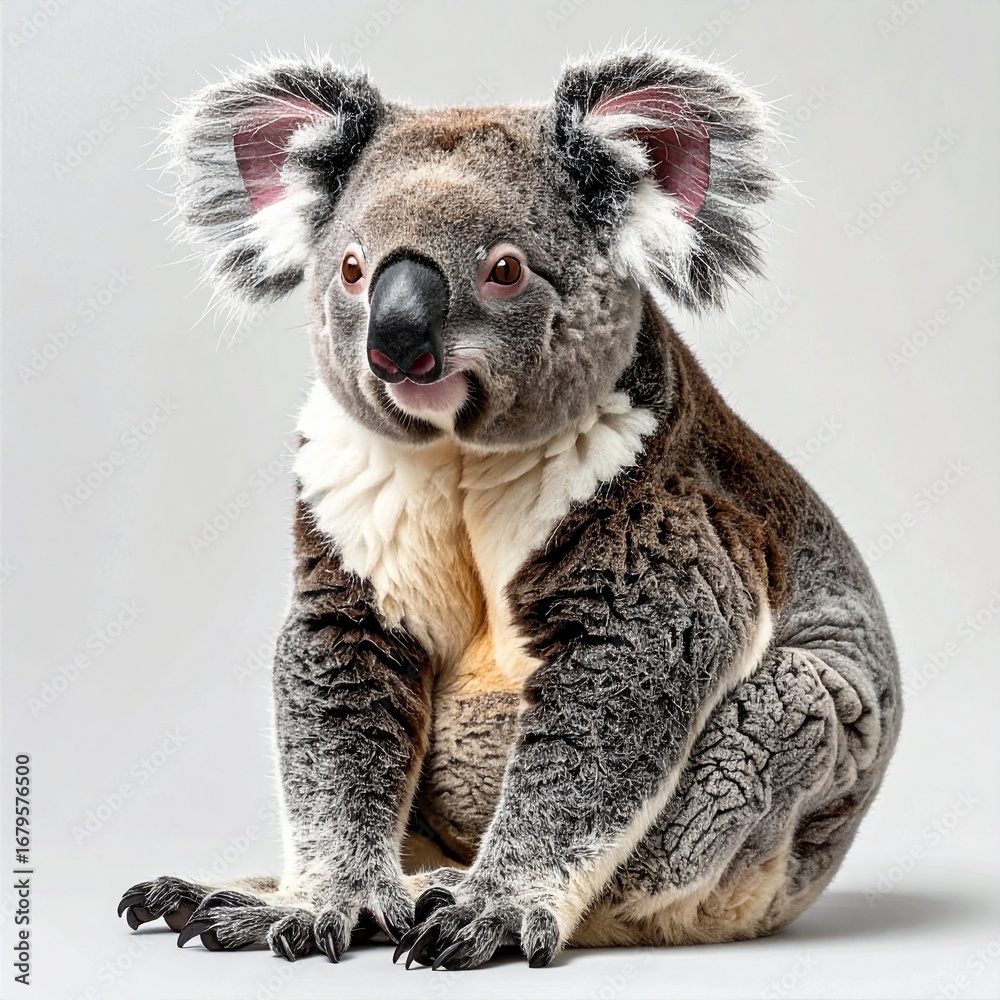 Obraz premium Koala – White Background and Eucalyptus Tree with Copy Space