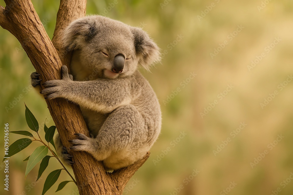 Fototapeta premium Koala – White Background and Eucalyptus Tree with Copy Space