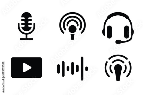 Podcast and Audio Icon Set – Solid Black Microphone, Headphones, Play Button, and Sound Waves
