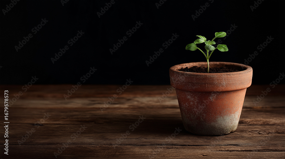 Obraz premium A small sprouting plant grows in a rustic terracotta pot, resting on a dark wooden background that highlights its fresh vitality.