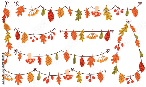 Set of garlands with autumn leaves and berries. Flat vector illustration.