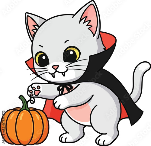 Cute cartoon vampire cat character holding a pumpkin for halloween celebrations vector