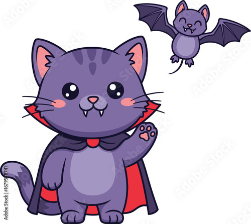 Cute cartoon vampire cat character with flying bat companion halloween themed vector