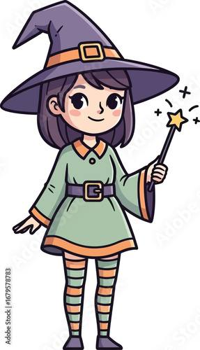 Cute cartoon witch with magic wand conjuring sparkles for halloween celebrations vector