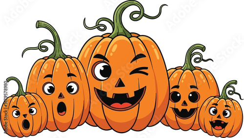 Whimsical halloween pumpkins with expressive faces in a group gathering vector