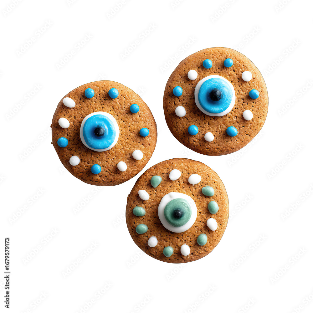 Obraz premium Iced cookie with blue and green candy center and white and teal dot icing, iced cookie with blue and green candy center and white and teal dot icing, iced cookie with blue and green candy center