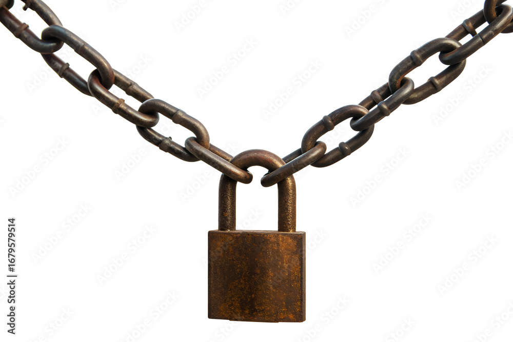 Rusty padlock secured by heavy chain isolated on white background Rusty padlock secured by heavy chain isolated on white background