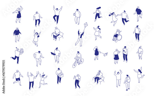 Isometric vector pack with dancing, running, reading, cycling, and socializing characters. Modern flat outline style for lifestyle, leisure, and creative design use.