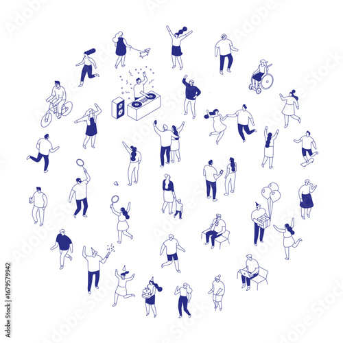 Isometric vector illustration of diverse people celebrating, walking, playing, and relaxing. Modern flat minimal style for lifestyle, leisure, and social concept designs.