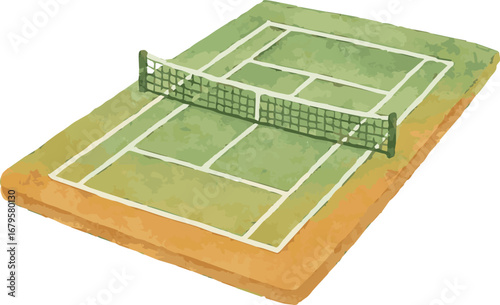 Watercolor vector illustration of a tennis court playing field