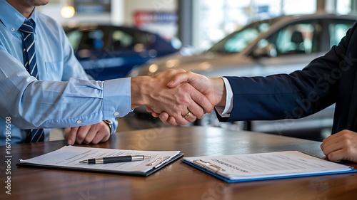 Businessman and customer shaking hands over car purchase agreement at dealership