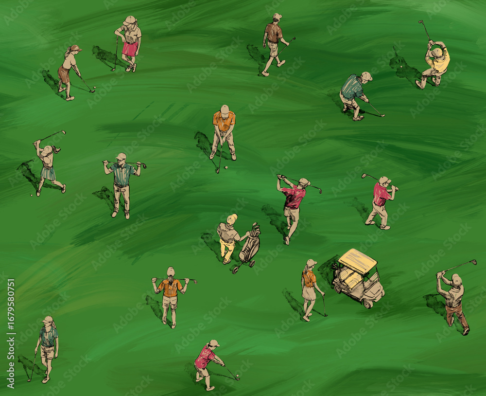 Obraz premium Colorful bright pattern, ornament made of illustrations of golfers on a picturesque green field top view, graphic, hand drawn ink sketches with black line, golf cart buggy, clubs, players. High