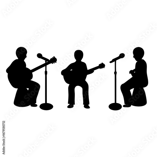 Silhouetted musical trio performing together on a stage with microphones