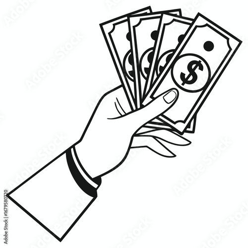Stylized black and white illustration of a hand holding several dollar bills fan out