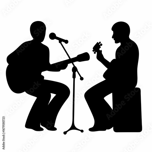 Silhouette of Two Musicians Playing Guitars and Singing Into a Microphone