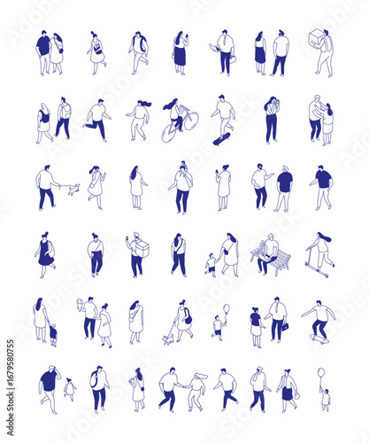 Isometric vector set of diverse people in monochrome line style. Everyday actions like walking, cycling, meeting, family leisure, communication, and outdoor activity.