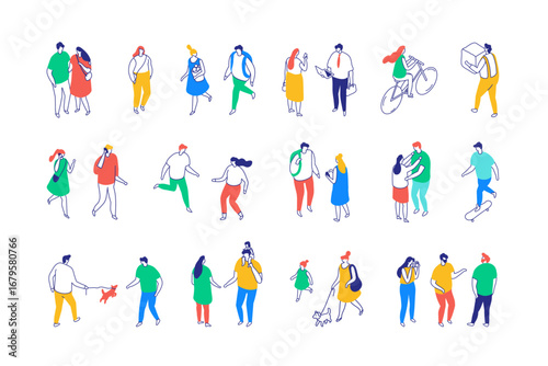 Isometric vector illustration of people in city life. Monochrome line art with diverse everyday scenes like walking, cycling, relaxing, chatting, and casual activities.