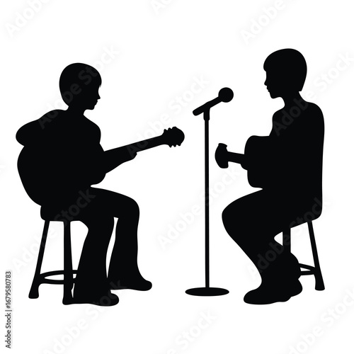 Silhouette of Two Musicians Performing on Stools with a Microphone Stand