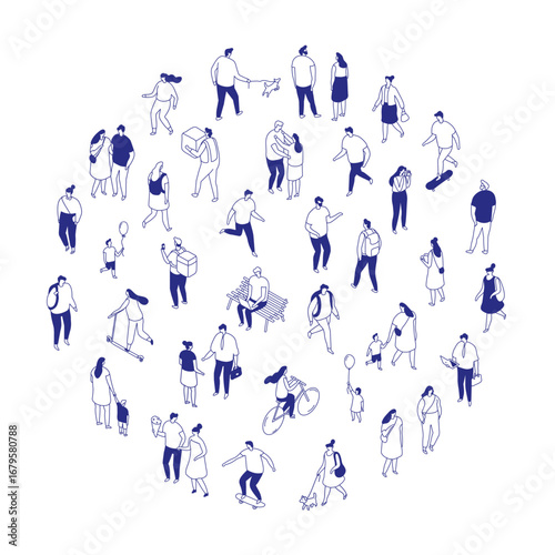 Isometric vector set of urban lifestyle people. Colorful characters walking, relaxing, cycling, skateboarding, family life, communication, and social interaction.