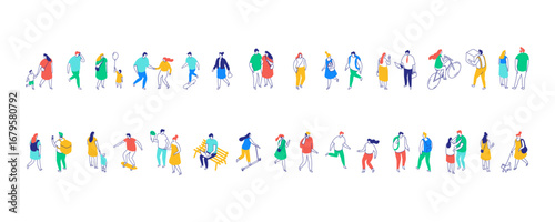 Isometric wide panoramic banner featuring colorful groups of people walking, talking, skating, biking, families, couriers, urban crowd lifestyle in flat vector modern illustration.