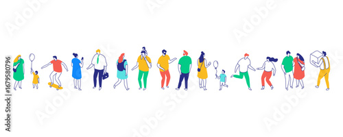 Isometric panoramic banner with families, kids, delivery workers, skateboarder, people walking and talking, community lifestyle in colorful flat vector design for modern projects.