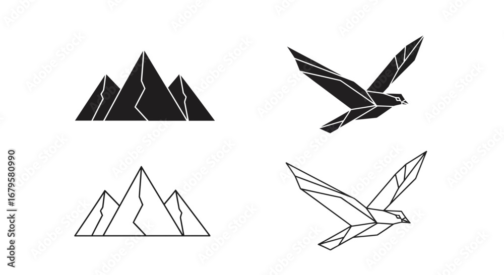 Obraz premium Geometric mountain peaks and origami eagle outlines simple modern design elements for logos and icons abstract nature concept
