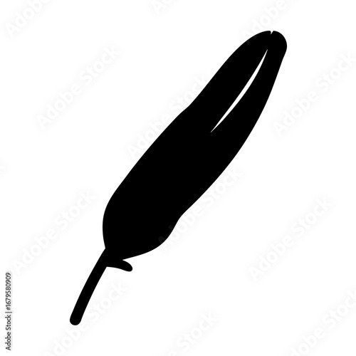 Simple graphic illustration of a stylized black feather on a white background