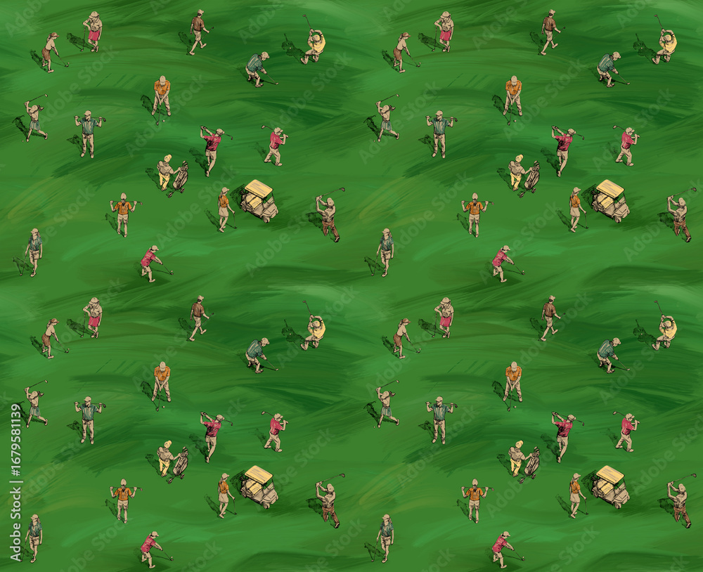 Obraz premium Colorful bright pattern, ornament made of illustrations of golfers on a picturesque green field top view, graphic, hand drawn ink sketches with black line, golf cart buggy, clubs, players. High