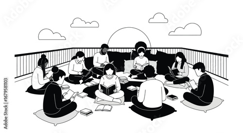 Diverse group meditating together outdoors under clouds symbolic of peace calm mindfulness and serenity in scalable vector illustration