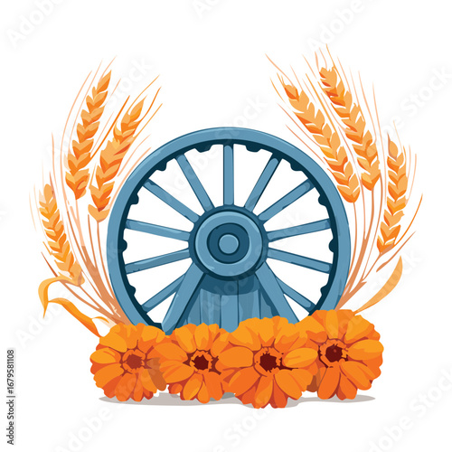Rustic Water Wheel with Haystacks and Greenery on Black Background