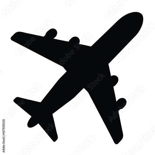 Silhouette of a jet airplane in flight viewed from overhead, minimalist icon