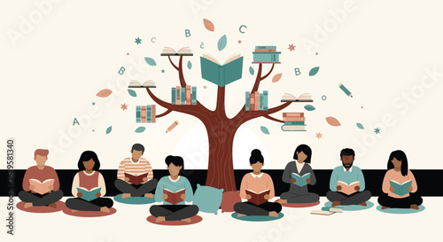 Generations of people sitting together in a circle around a family tree illustration