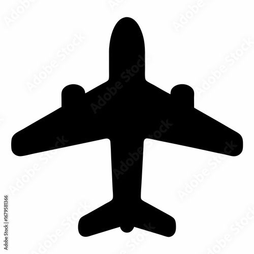 Black silhouette icon of an airplane, symbol for travel and transportation