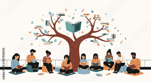 Vector illustration of diverse people of all ages gathering around a knowledge tree with an open book at its center symbolizing education and community growth
