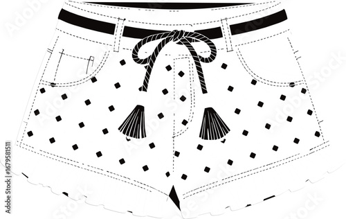 Hand-drawn fashion sketch of ruffled shorts, boho tassel drawstring, decorative pattern, front pockets, feminine summer wear, black and white vector illustration
