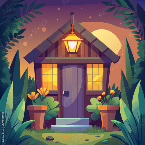 Cozy garden shed illustration warm evening light inviting outdoor retreat vector art