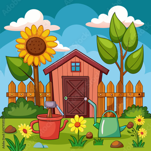 Cute cozy garden shed vector cartoon illustration with sunflowers and greenery