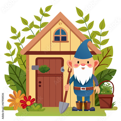 Cozy garden gnome with tools and charming shed vector illustration for enchanting designs
