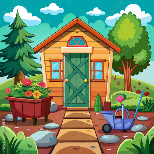 Cozy cartoon garden shed illustration with tiled roof and lush surroundings