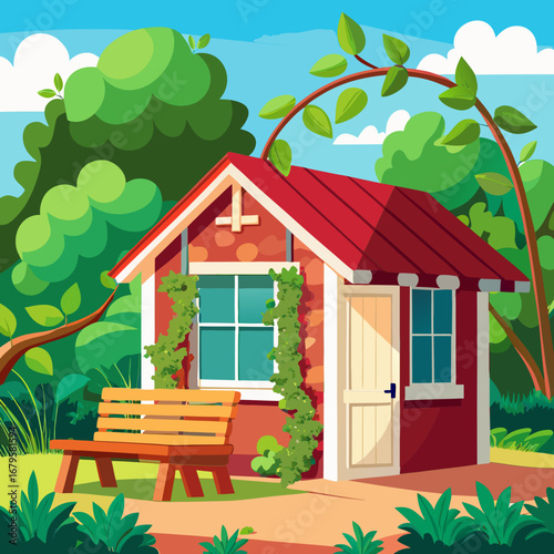 Cozy cartoon garden shed with red roof and bench amidst lush green trees vector illustration