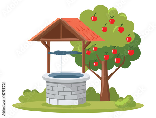 Simple Stone Water Well Under a Tree with Ripe Red Apples, a Clean and Bright Illustration of a Countryside Garden